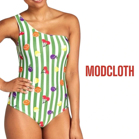 ModCloth retro one shoulder fruit stripe one piece swimsuit size Small - Picture 1 of 9